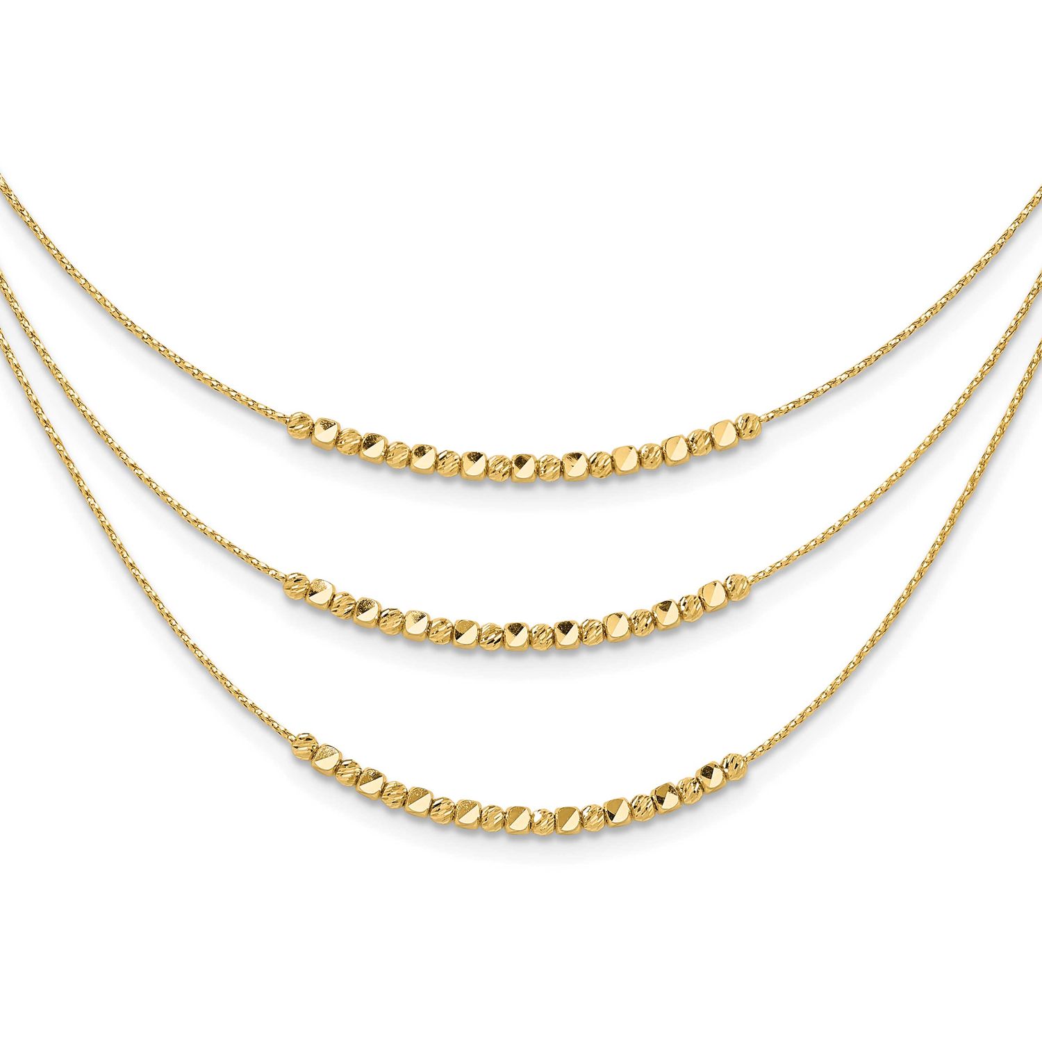 Pol Texture Diamond-Cut Beads 3-Strand with 2 Inch Extender Necklace 14k Gold LF2078-17