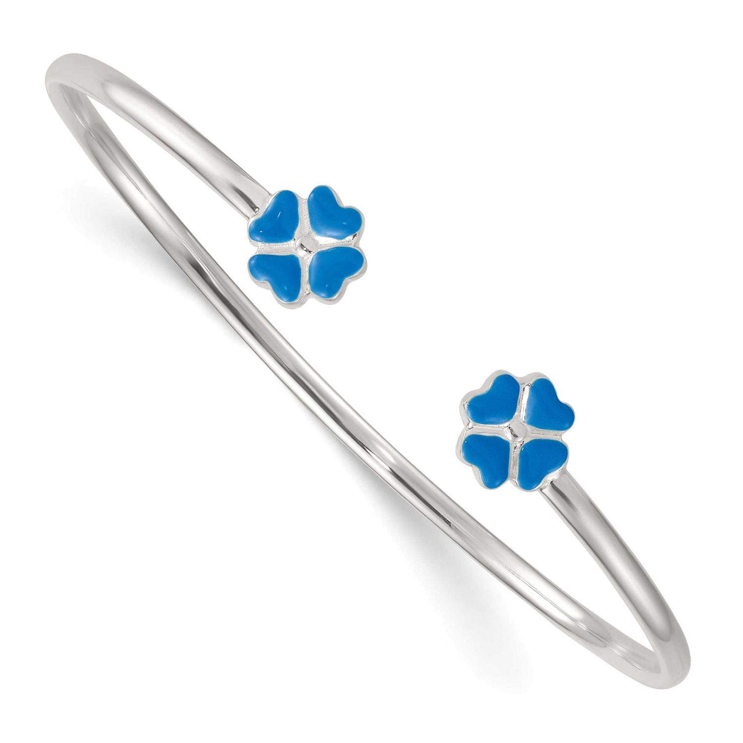 Enameled Blue Clover Children&#39;s Cuff Bangle Sterling Silver Polished QB1635