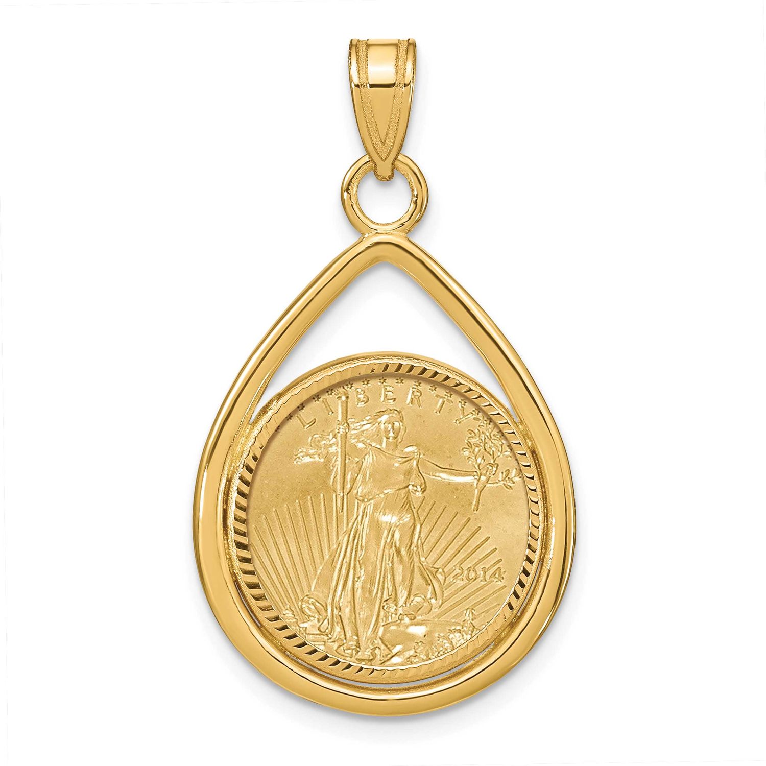 Diamond-Cut Lightweight Tear Drop Prong Mounted 1/10Oz American Eagle Coin Bezel Pendant 14k Gold C…