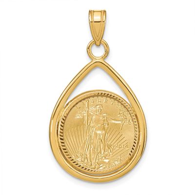 Diamond-Cut Lightweight Tear Drop Prong Mounted 1/10Oz American Eagle Coin Bezel Pendant 14k Gold C…