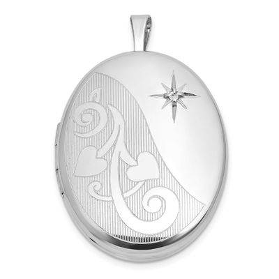 Brushed and Polished Diamond Hearts 26mm Oval Locket Sterling Silver Rhodium-plated QLS1224