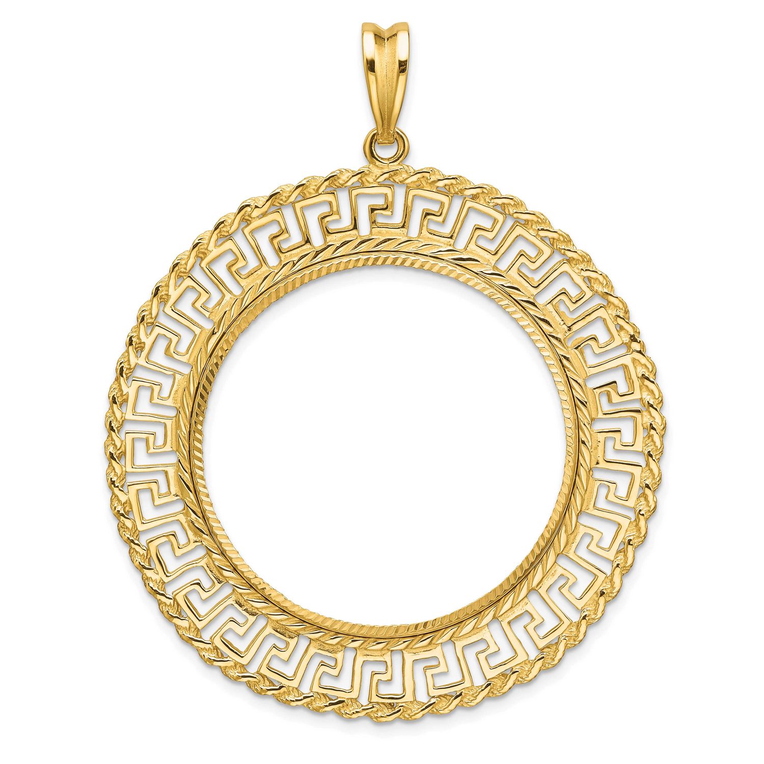 Diamond-Cut Greek Key with Rope Border 32.7mm Prong Coin Bezel Pendant 14k Gold Polished C3013D/32.7