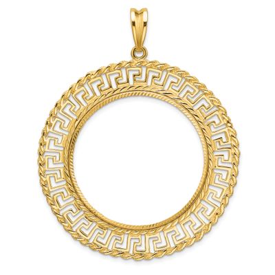 Diamond-Cut Greek Key with Rope Border 32.7mm Prong Coin Bezel Pendant 14k Gold Polished C3013D/32.7