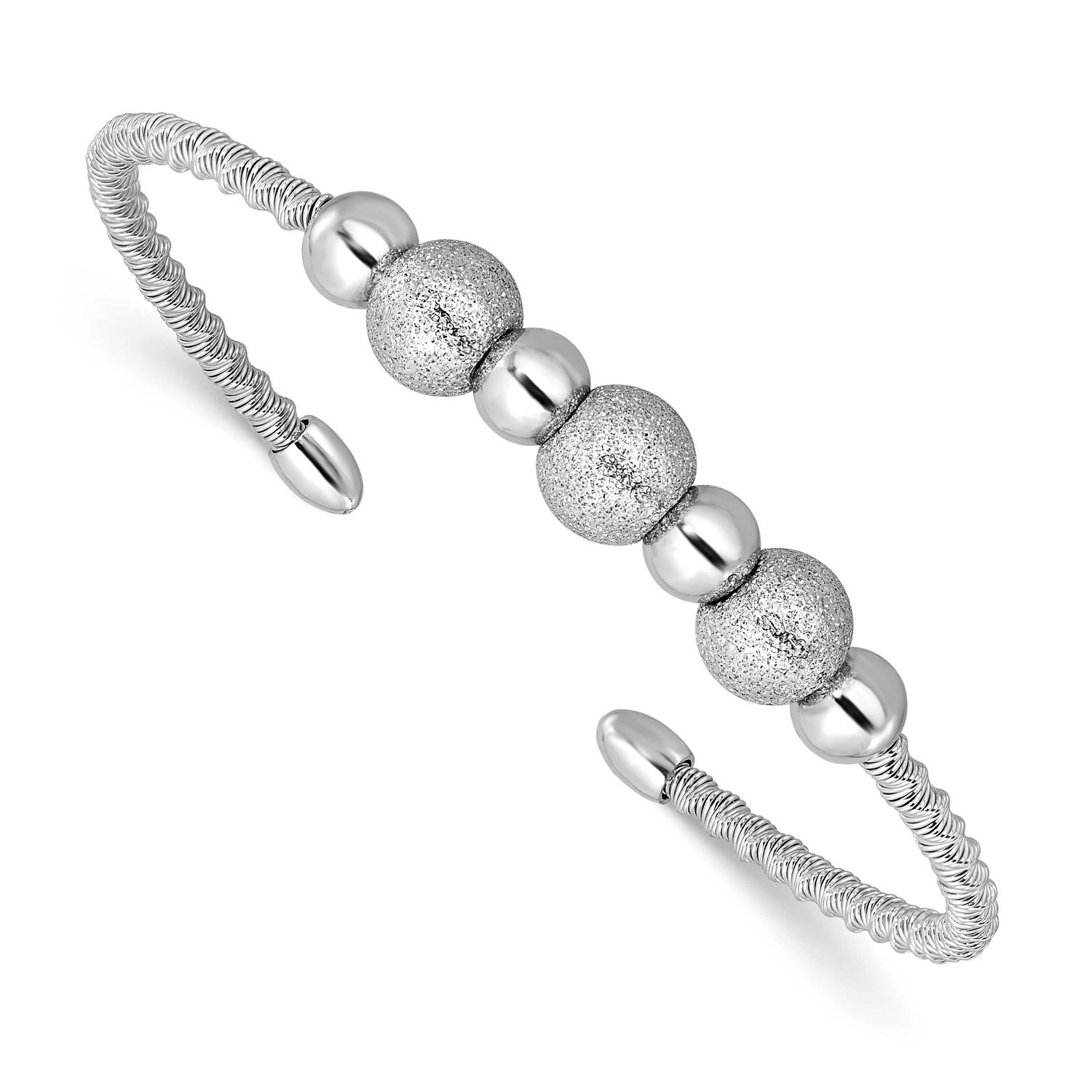 Radiant Essence Rh-Pltd Twisted and Beaded Cuff Bangle Sterling Silver QLF1480