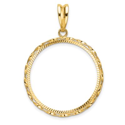 Hand Twisted Ribbon and Diamond-Cut 27.0mm Prong Coin Bezel Pendant 14k Gold Polished C3996D/27.0