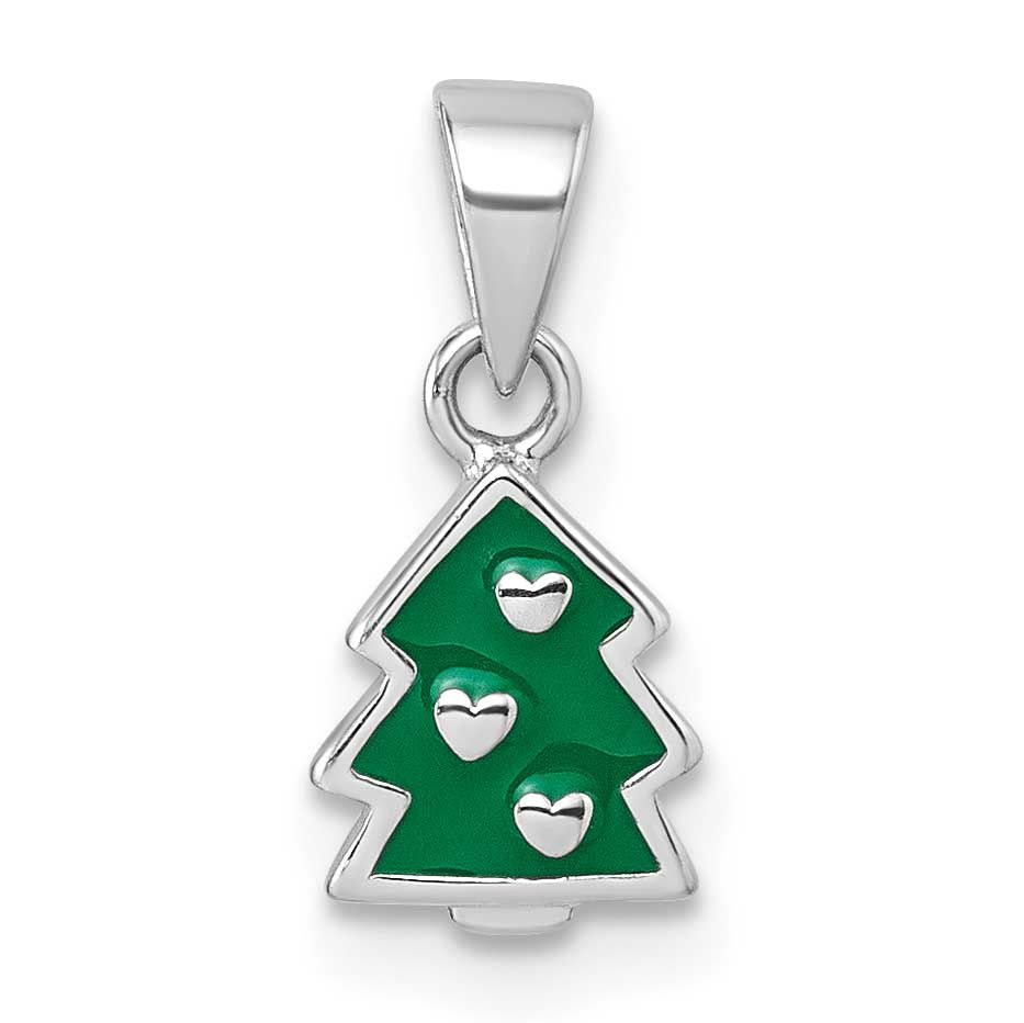 Children&#39;s Green Enamel Christmas Tree with Hearts Pendant Sterling Silver Rhodium-plated QP5975