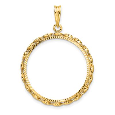 Hand Twisted Ribbon and Diamond-Cut 25.0mm Prong Coin Bezel Pendant 14k Gold Polished C3996D/25.0