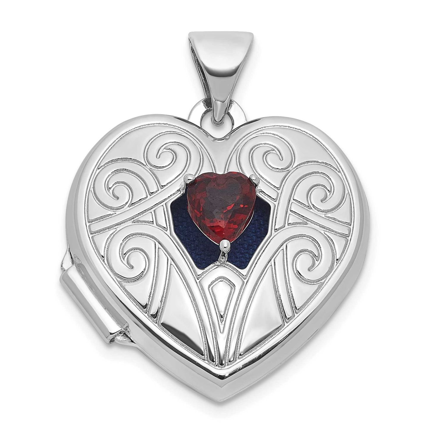 Garnet January Birthstone 18mm Heart Locket Sterling Silver Rhodium-plated QLS1200/JAN