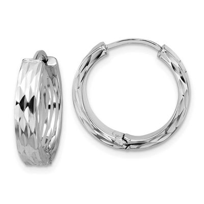 Wht Rh-Plat Polished/Diamond-Cut Hinged Hoop Earrings 14k Gold LE2845W