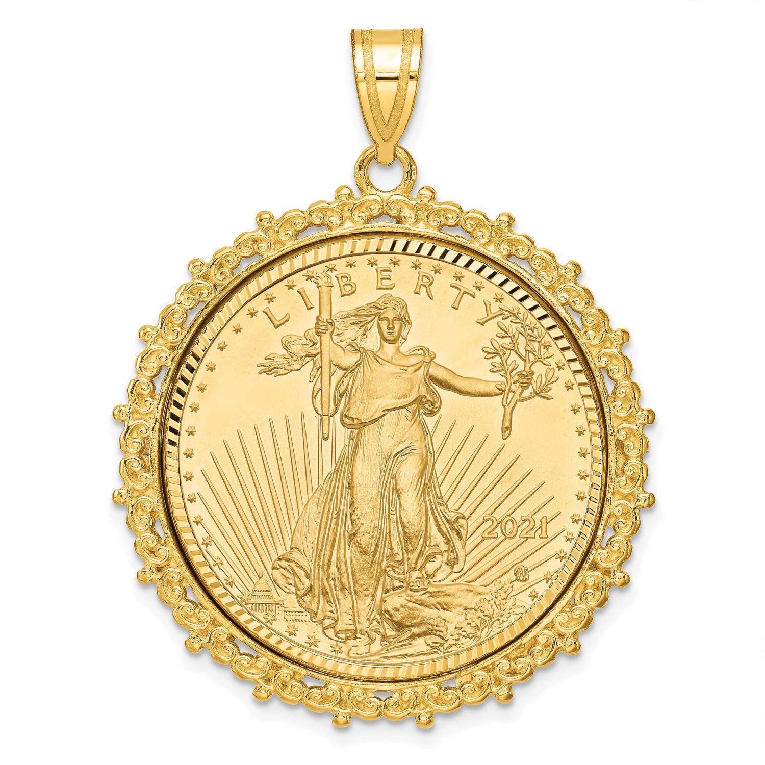 Fancy Diamond-Cut Mounted 1/2Oz American Eagle Coin Bezel Pendant 14k Gold C8188/27.0C