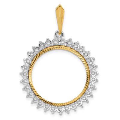 Diamond-Cut Diamond Circle 21.6mm Prong Coin Bezel Pendant Mounting 14k Two-tone Gold Polished CS39…