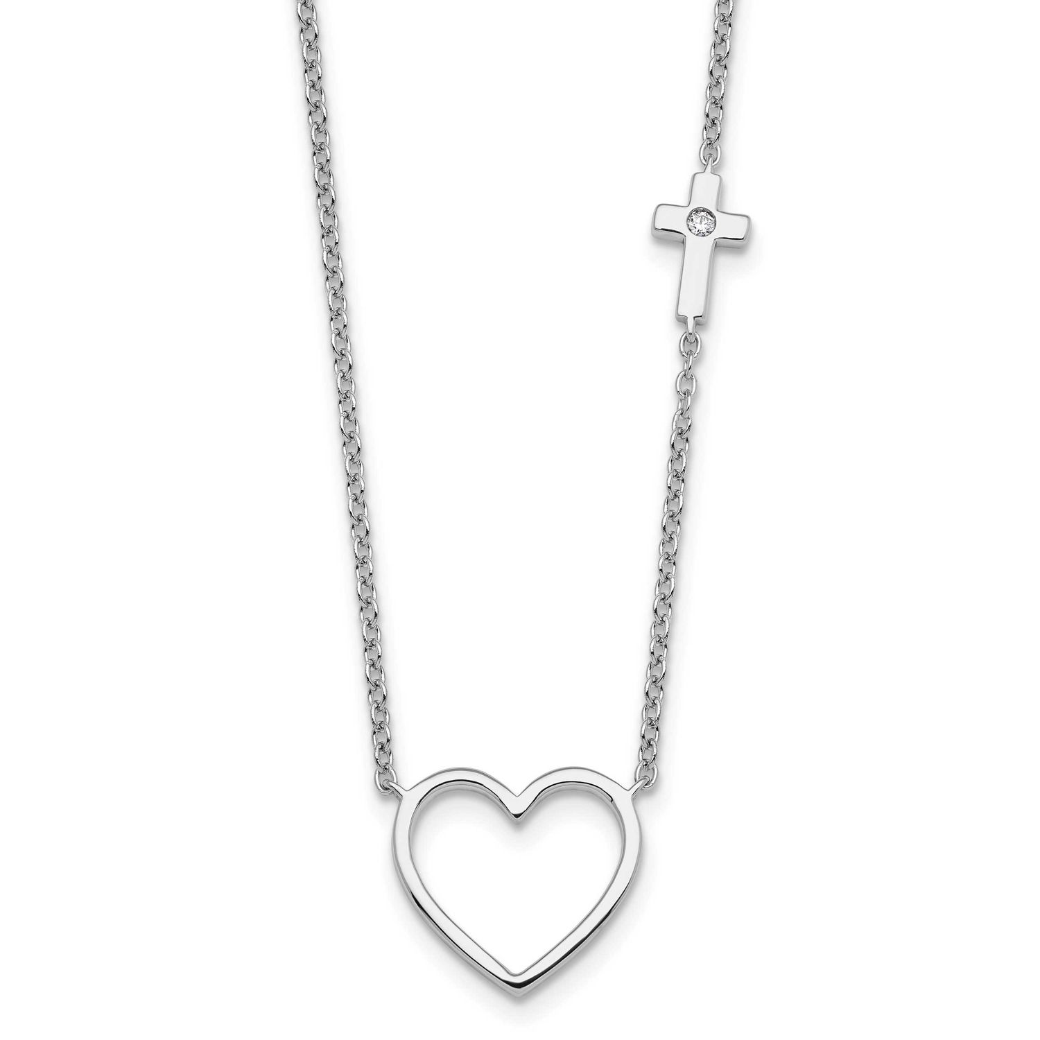 White Ice Diamond Heart and Cross 18 Inch Necklace Plus 2 Inch Extender Sterling Silver Rhodium-pla…