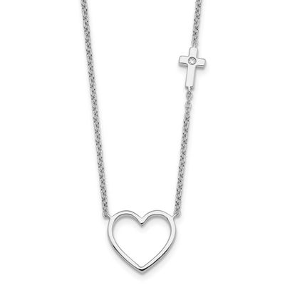 White Ice Diamond Heart and Cross 18 Inch Necklace Plus 2 Inch Extender Sterling Silver Rhodium-pla…