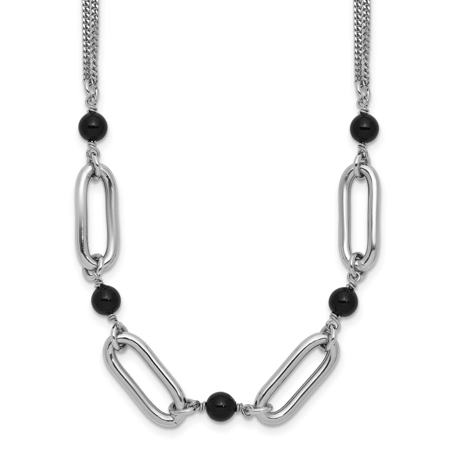 Black Glass Pearl 2-Strand Link with 2 Inch Extender Necklace Sterling Silver Rhodium-plated QLF147…