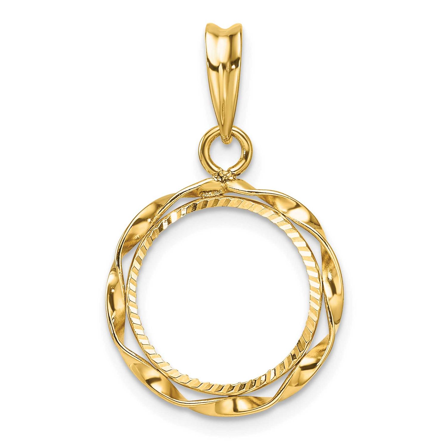 Hand Twisted Ribbon and Diamond-Cut 13.0mm Prong Coin Bezel Pendant 14k Gold Polished C3996D/13.0