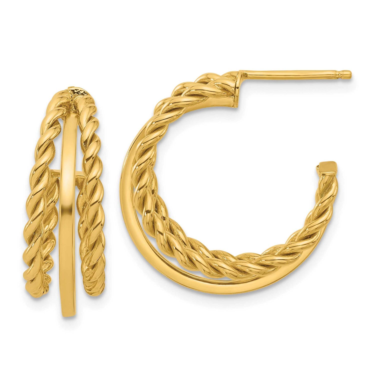 3-Row Round J-Hoop Post Earrings 14k Gold Polished and Textured LE2602 196904334881