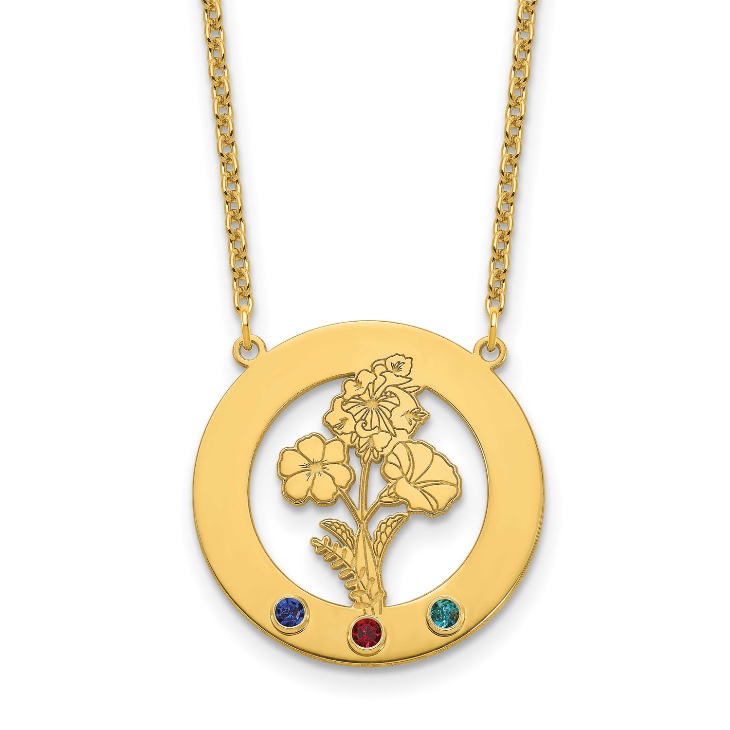 Gold-Plated Circle with 3 Birth Flower and Birthstone Necklace Sterling Silver XNA1487/3GP