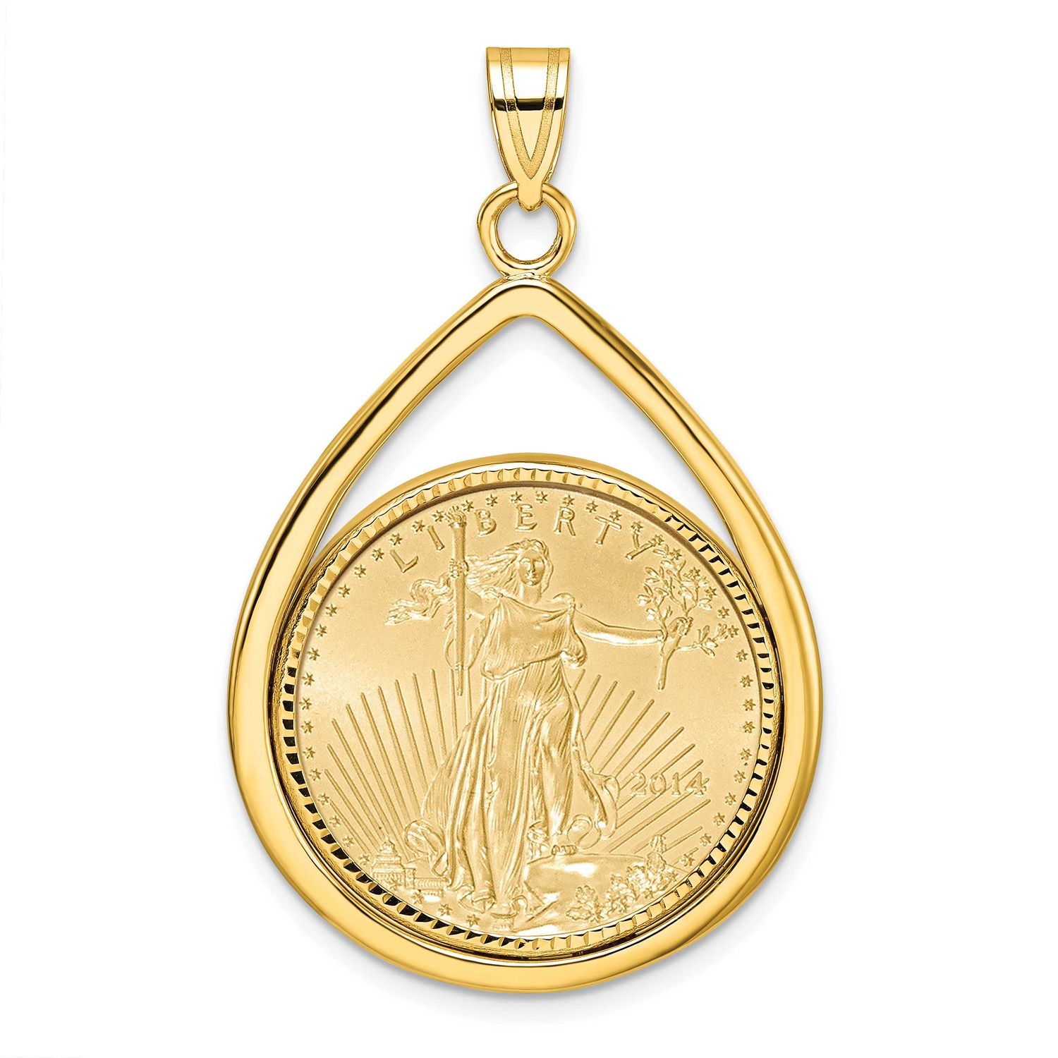 Diamond-Cut Lightweight Tear Drop Prong Mounted 1/4Oz American Eagle Coin Bezel Pendant 14k Gold C8…