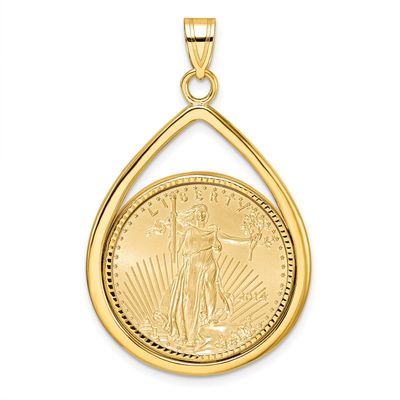Diamond-Cut Lightweight Tear Drop Prong Mounted 1/4Oz American Eagle Coin Bezel Pendant 14k Gold C8…