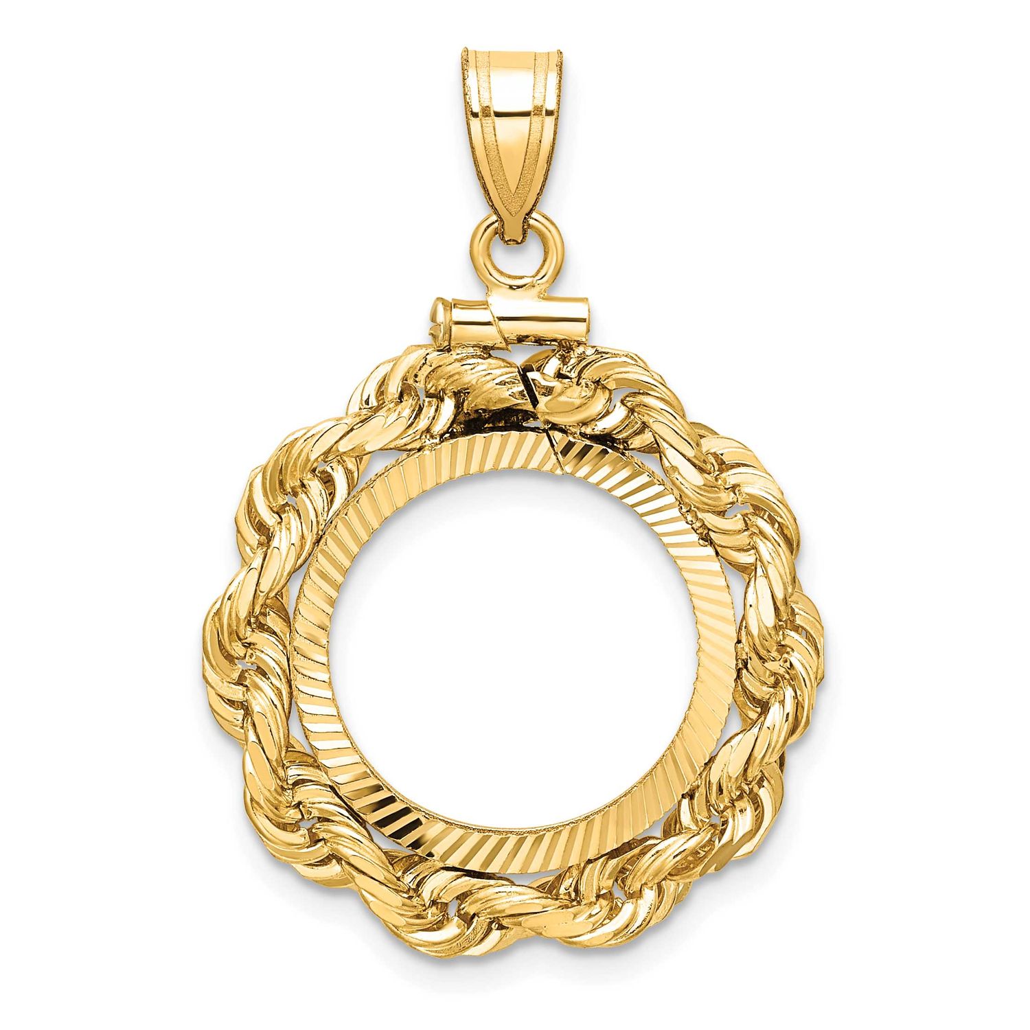 Rope and Diamond-Cut 16.0mm x 1.35mm Screw Top Coin Bezel Pendant 14k Gold Polished C3275D/16.0