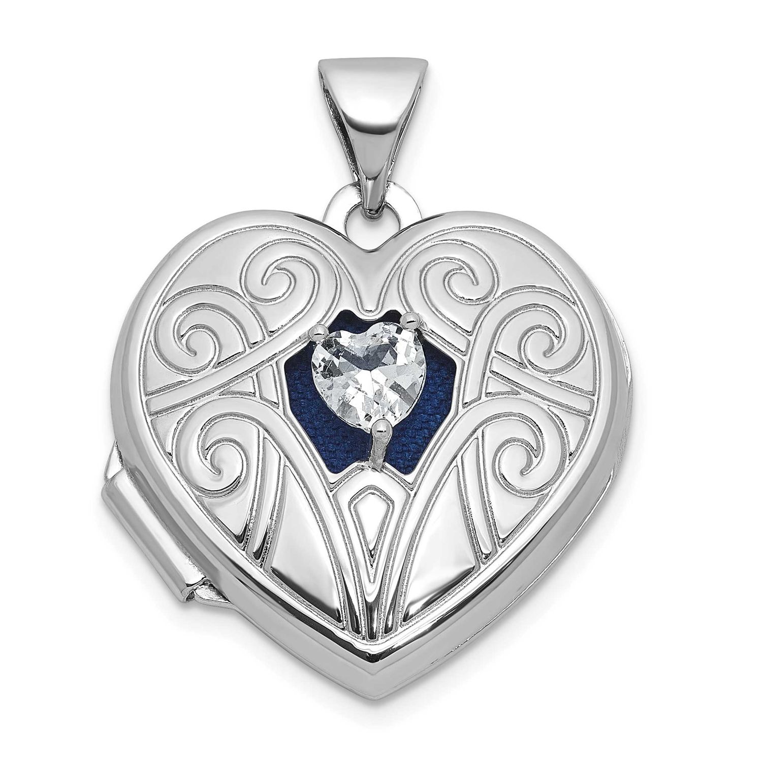 White Topaz April Birthstone 18mm Heart Locket Sterling Silver Rhodium-plated QLS1200/APR