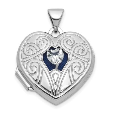 White Topaz April Birthstone 18mm Heart Locket Sterling Silver Rhodium-plated QLS1200/APR
