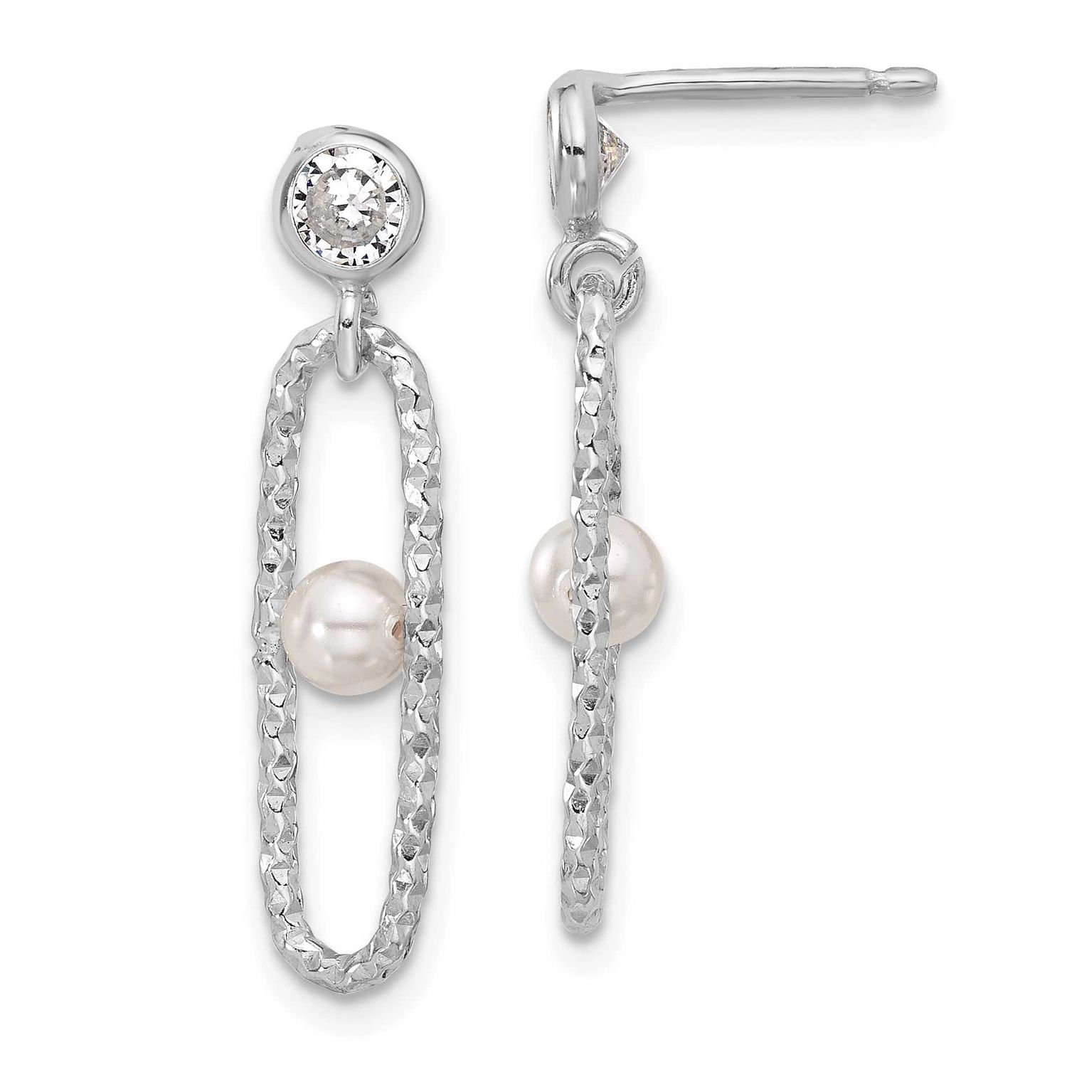 CZ and Crystal Pearl Dangle Earrings Sterling Silver Rhodium-plated QLE1509