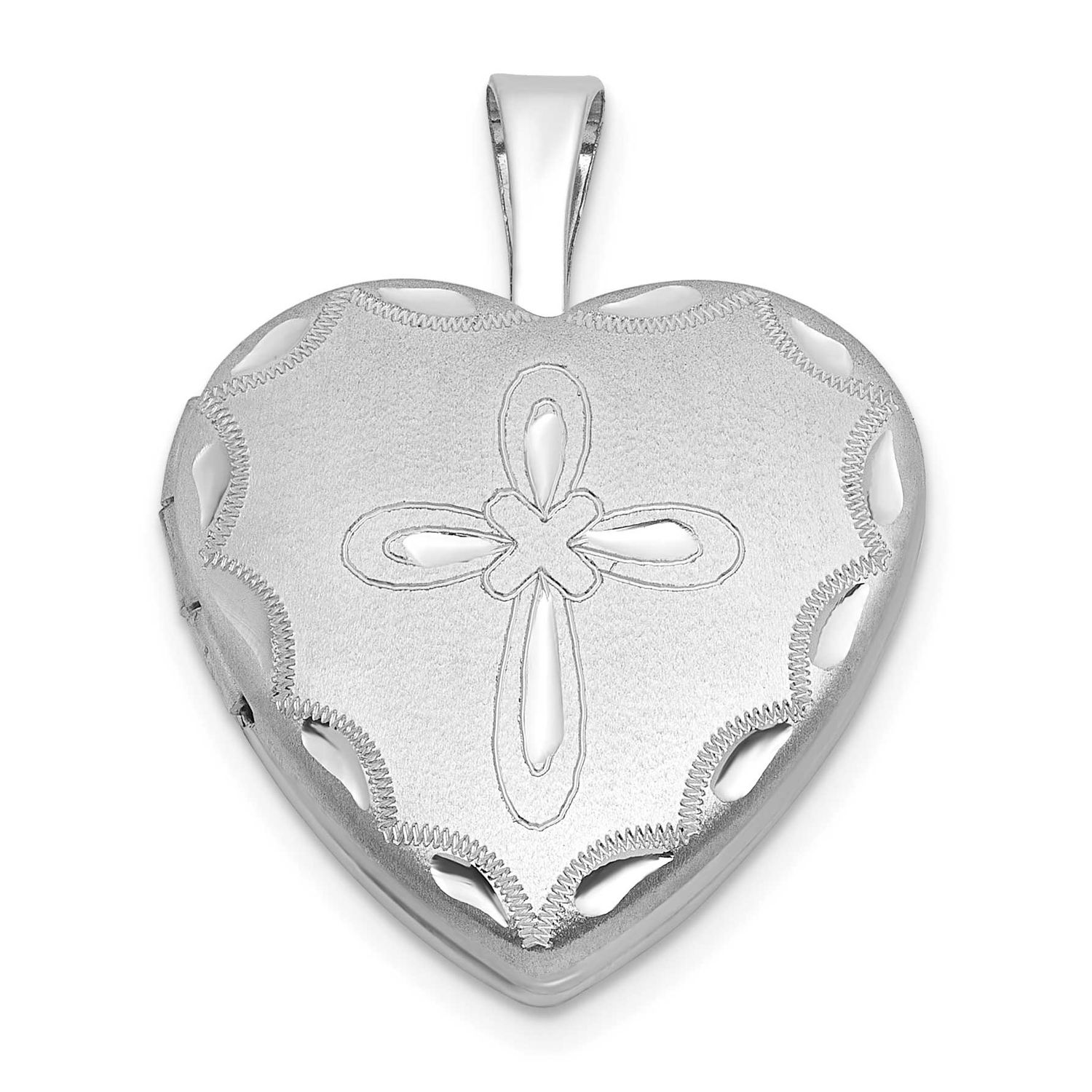Brushed Fancy Cross 16mm Heart Locket Sterling Silver Rhodium-plated QLS1207