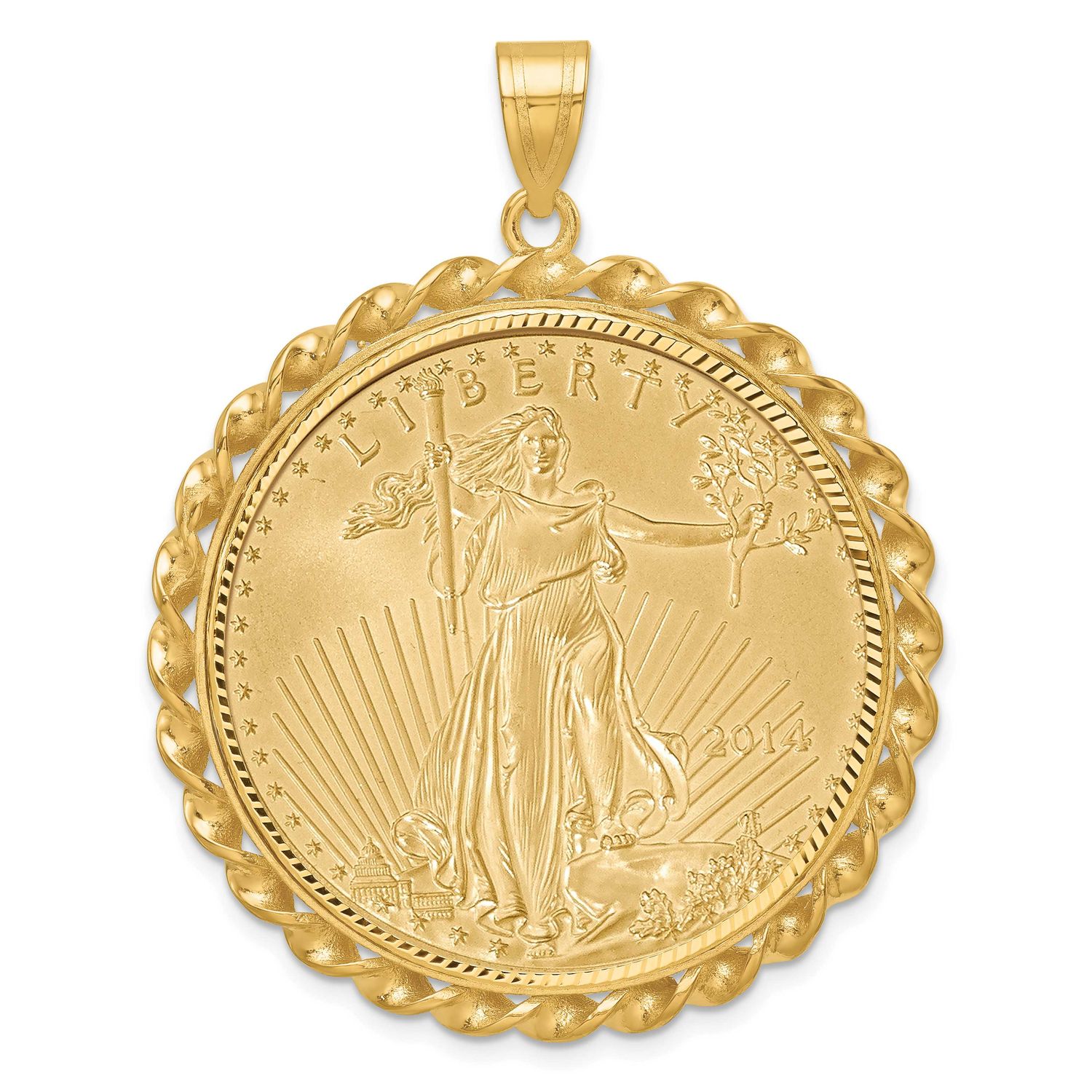 Diamond-Cut &amp; Twisted Wire Prong Mounted 1Oz American Eagle Coin Bezel Pendant 14k Gold C8181/32.7C