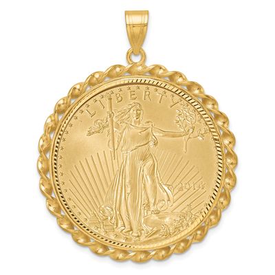 Diamond-Cut &amp; Twisted Wire Prong Mounted 1Oz American Eagle Coin Bezel Pendant 14k Gold C8181/32.7C