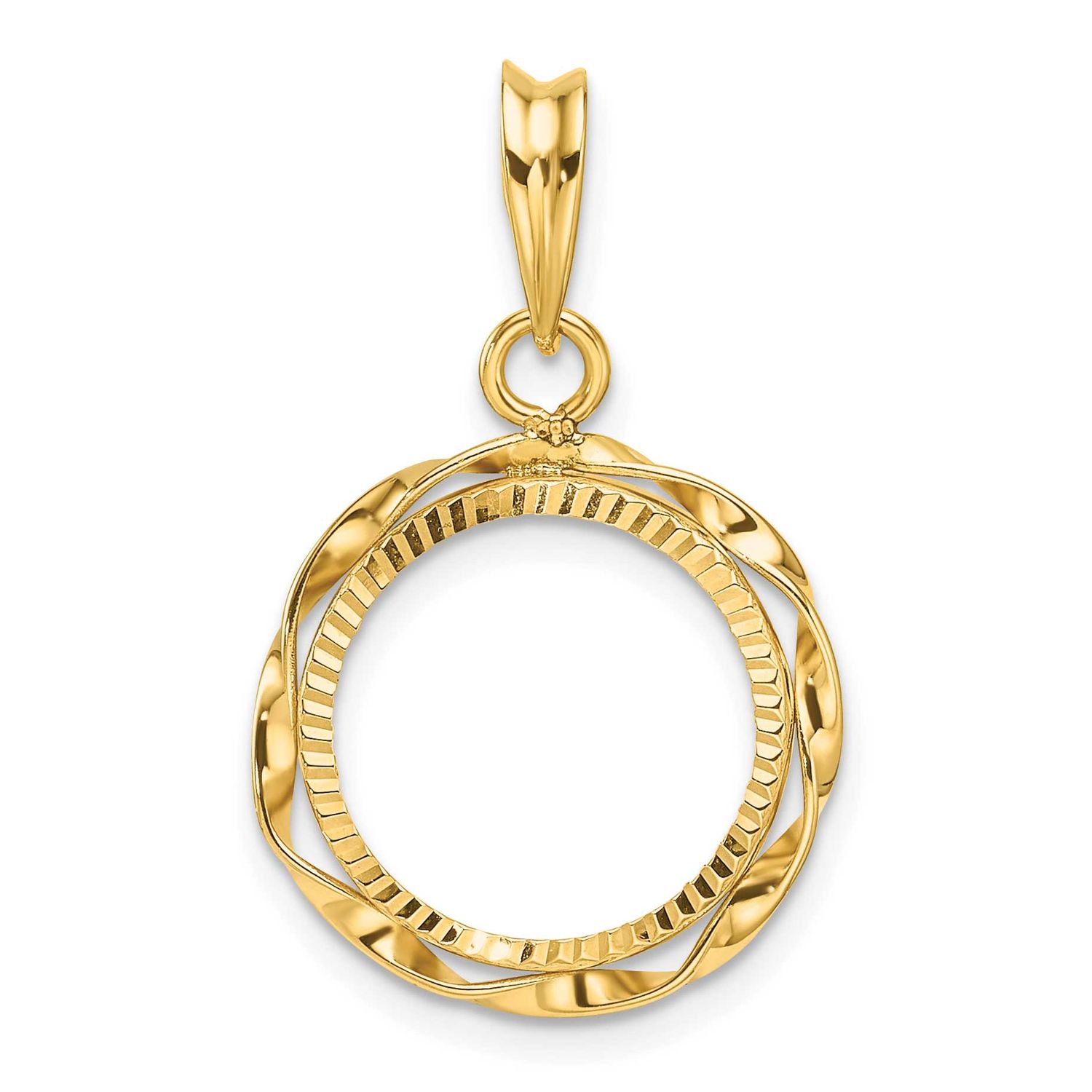 Hand Twisted Ribbon and Diamond-Cut 14.0mm Prong Coin Bezel Pendant 14k Gold Polished C3996D/14.0