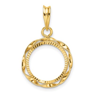 Hand Twisted Ribbon and Diamond-Cut 14.0mm Prong Coin Bezel Pendant 14k Gold Polished C3996D/14.0