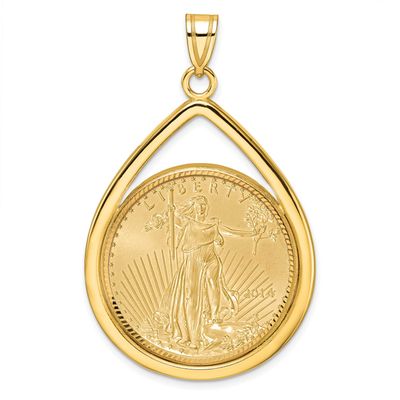 Diamond-Cut Lightweight Tear Drop Prong Mounted 1/2Oz American Eagle Coin Bezel Pendant 14k Gold C8…