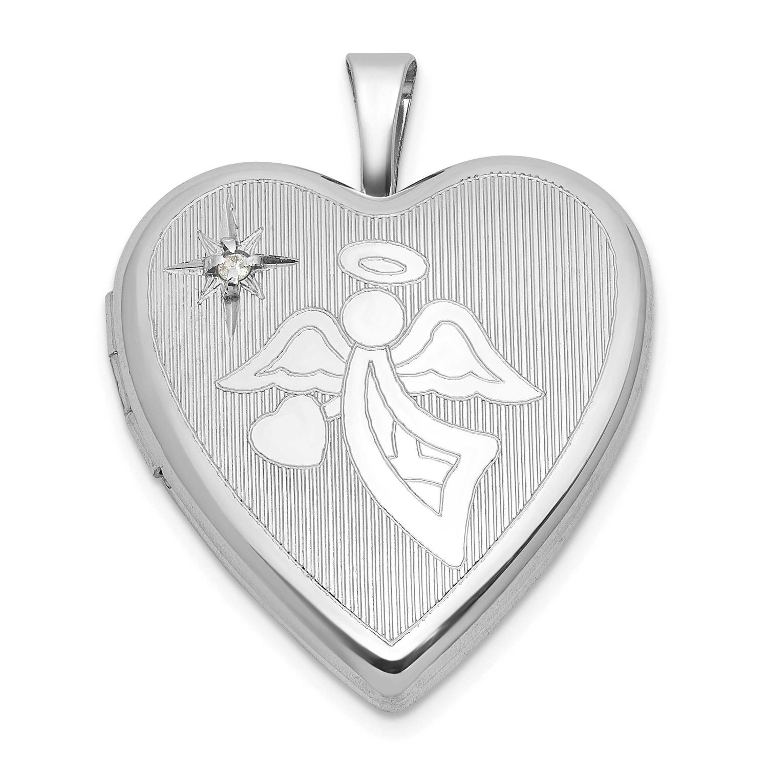 Brushed and Polished Diamond and Angel 20mm Heart Locket Sterling Silver Rhodium-plated QLS1203