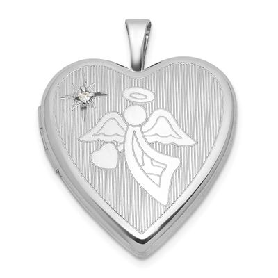 Brushed and Polished Diamond and Angel 20mm Heart Locket Sterling Silver Rhodium-plated QLS1203