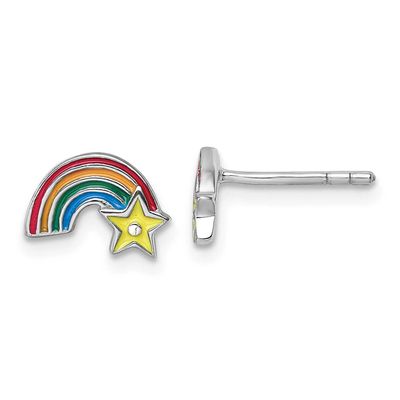 Children&#39;s Multicolor Enamel Rainbow with Star Post Earrings Sterling Silver Rhodium-plated QE18277