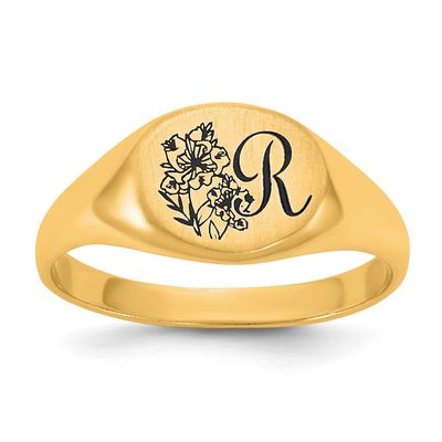 Epoxy Initial and Birth Flower Signet Ring 10k Gold 10XNR132Y