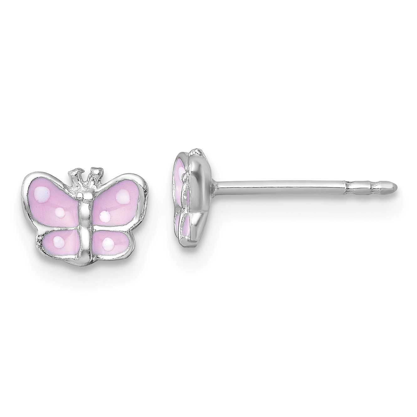 Madi K Enamel Pink Butterfly Children&#39;s Post Earrings Sterling Silver Rhodium-plated QE18264