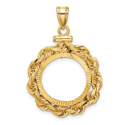 Rope and Diamond-Cut 16.5mm x 1.35mm Screw Top Coin Bezel Pendant 14k Gold Polished C3275D/16.5