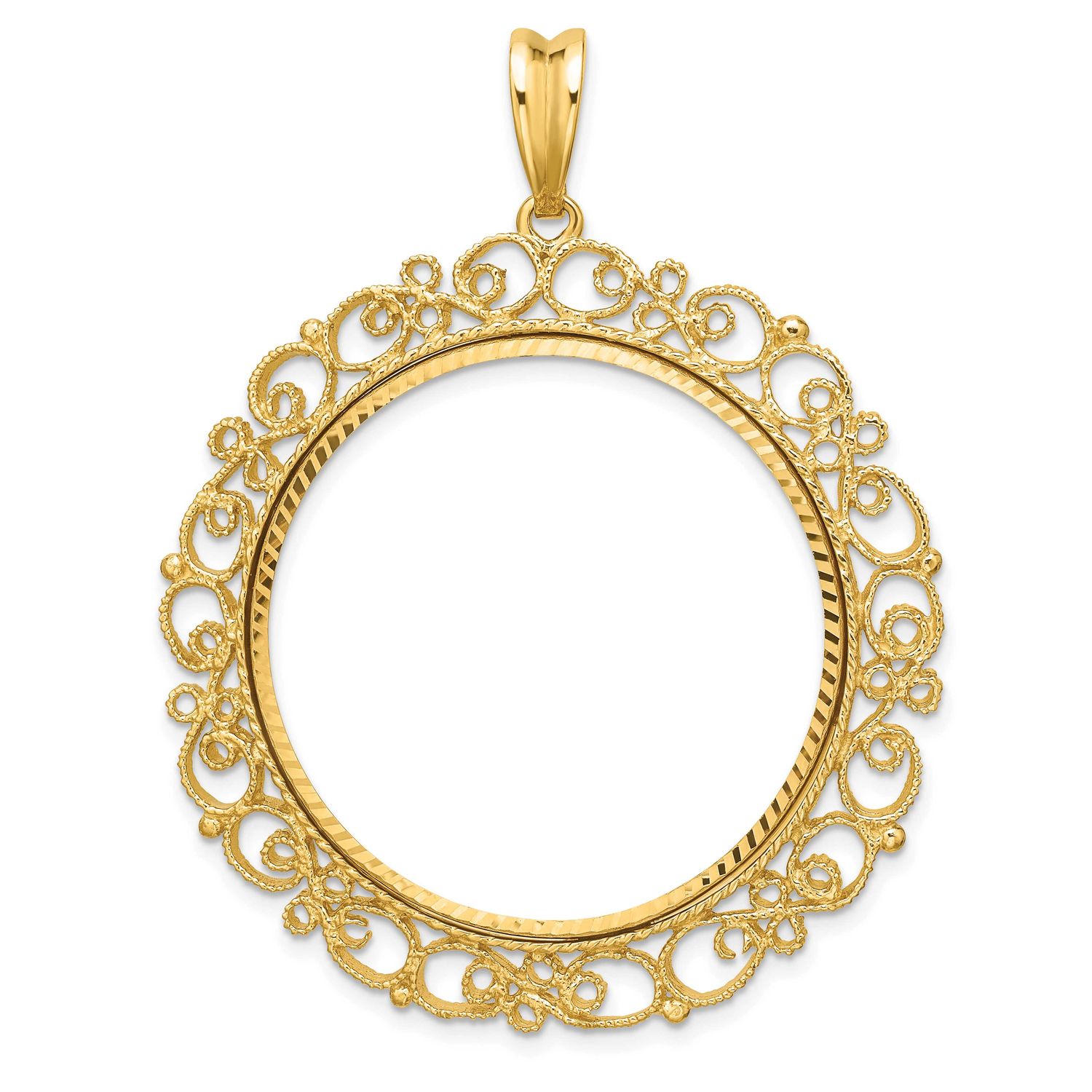 Textured and Diamond-Cut Victorian 32.0mm Prong Coin Bezel Pendant 14k Gold Polished C2819D/32.0