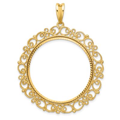 Textured and Diamond-Cut Victorian 32.0mm Prong Coin Bezel Pendant 14k Gold Polished C2819D/32.0
