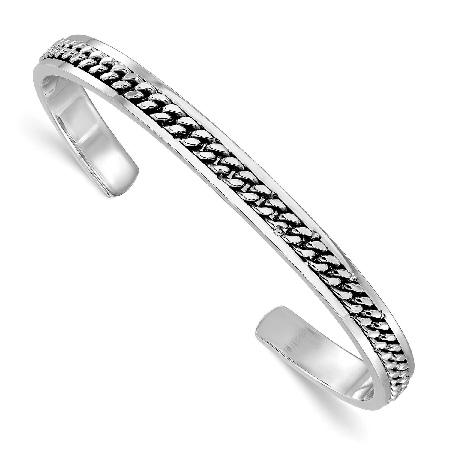 Polished Curb Link Cuff Bangle Sterling Silver Rhodium-plated QLF1403 196904344866