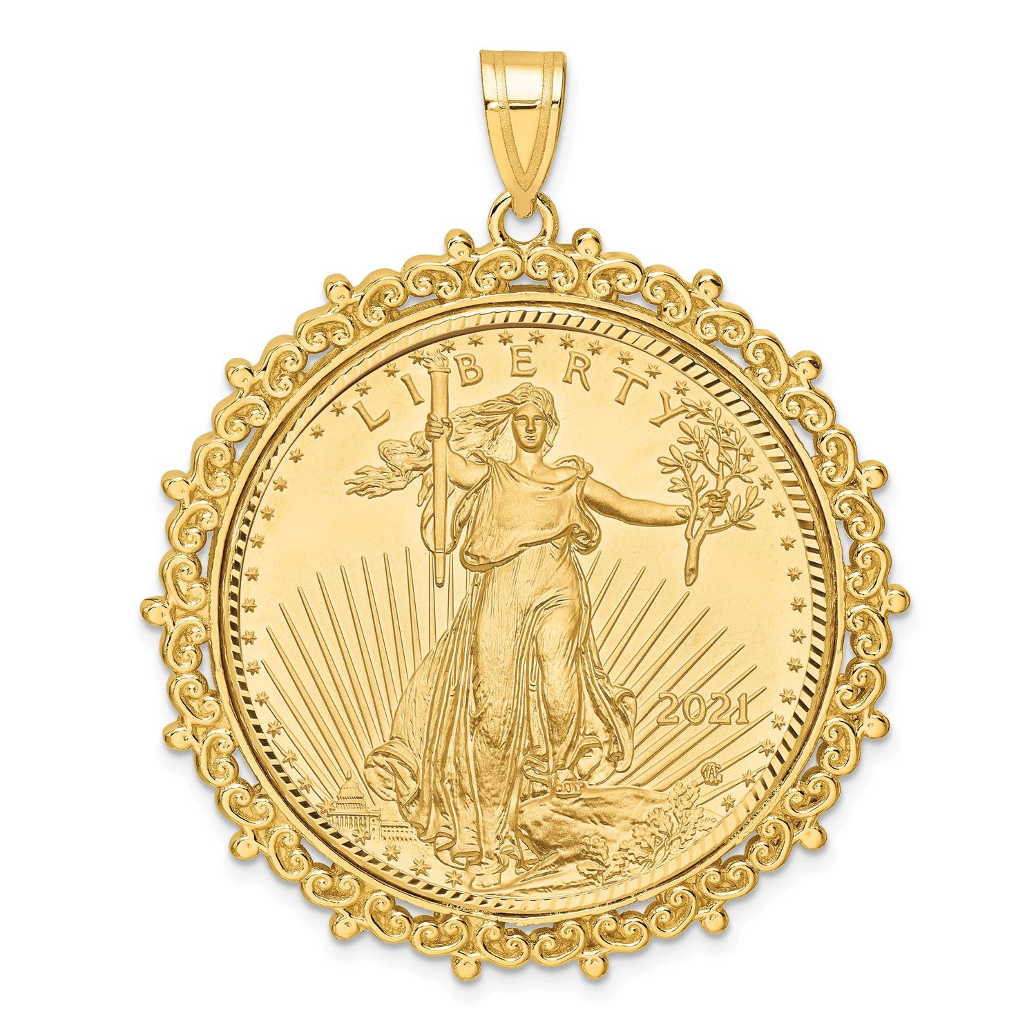 Fancy Diamond-Cut Mounted 1Oz American Eagle Coin Bezel Pendant 14k Gold C8188/32.7C