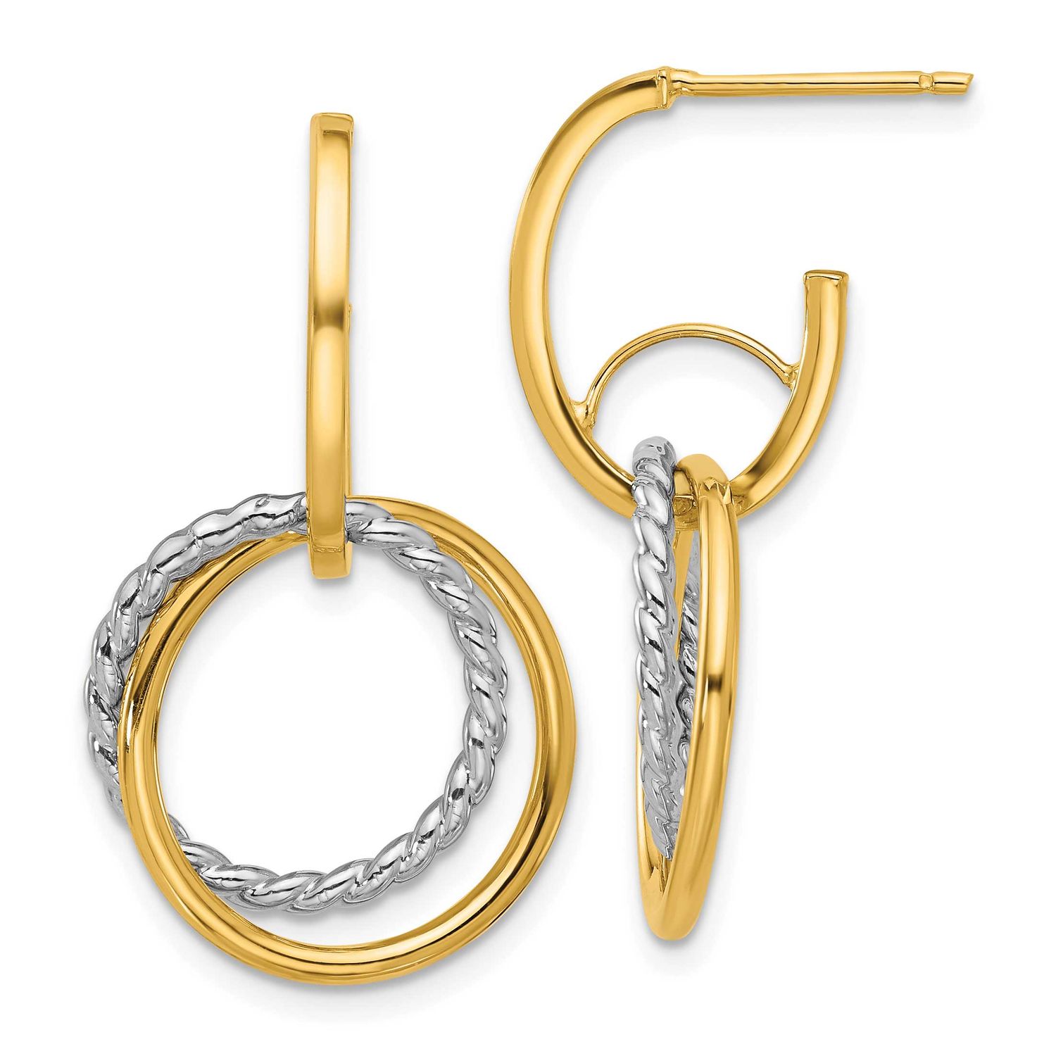Polished/Twisted Circles J-Hoop Post Earrings 14k Gold with Rhodium LE2686 196904340233