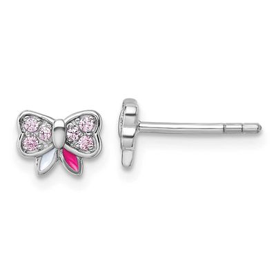 Children&#39;s Pink CZ with Pink and White Enamel Bow Post Earrings Sterling Silver Rhodium-plated QE18…