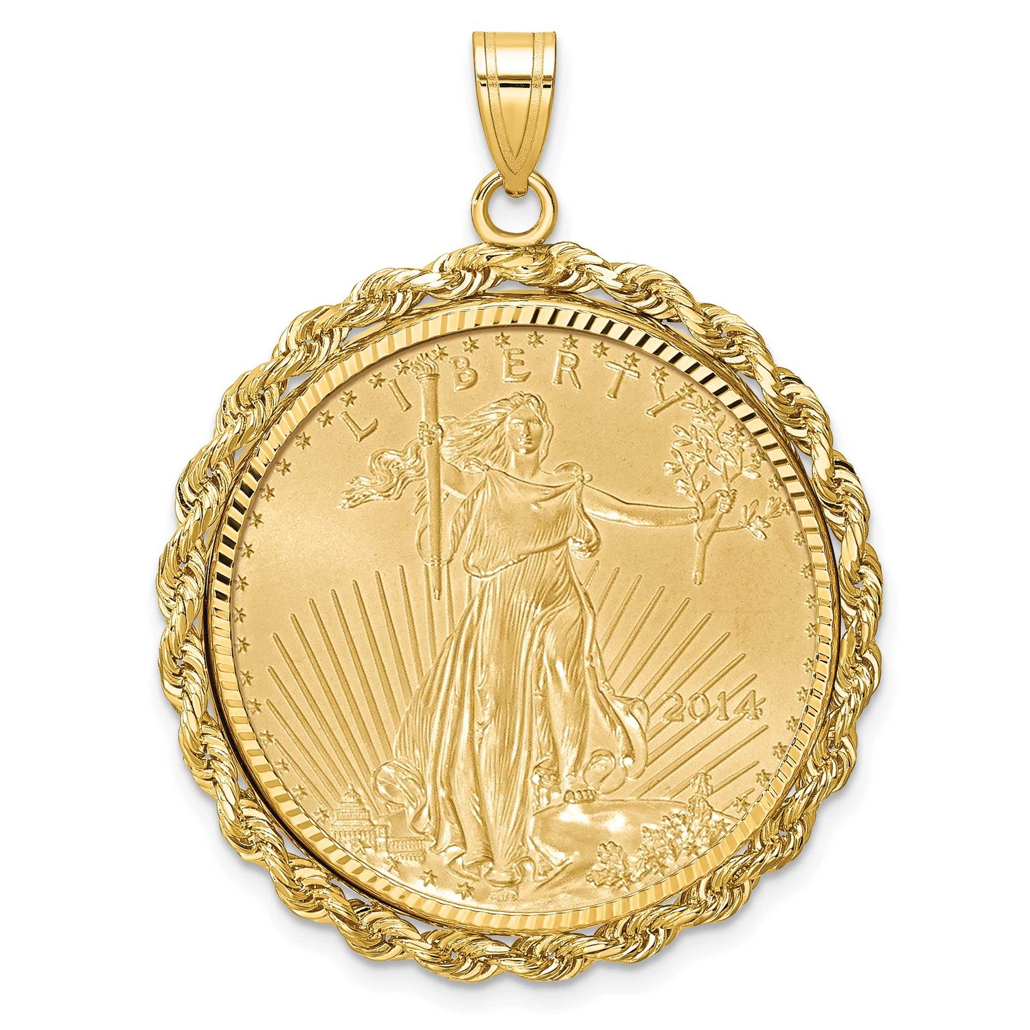 Diamond-Cut Rope Prong Mounted 1/2Oz American Eagle Coin Bezel Pendant 14k Gold C8178/27.0C