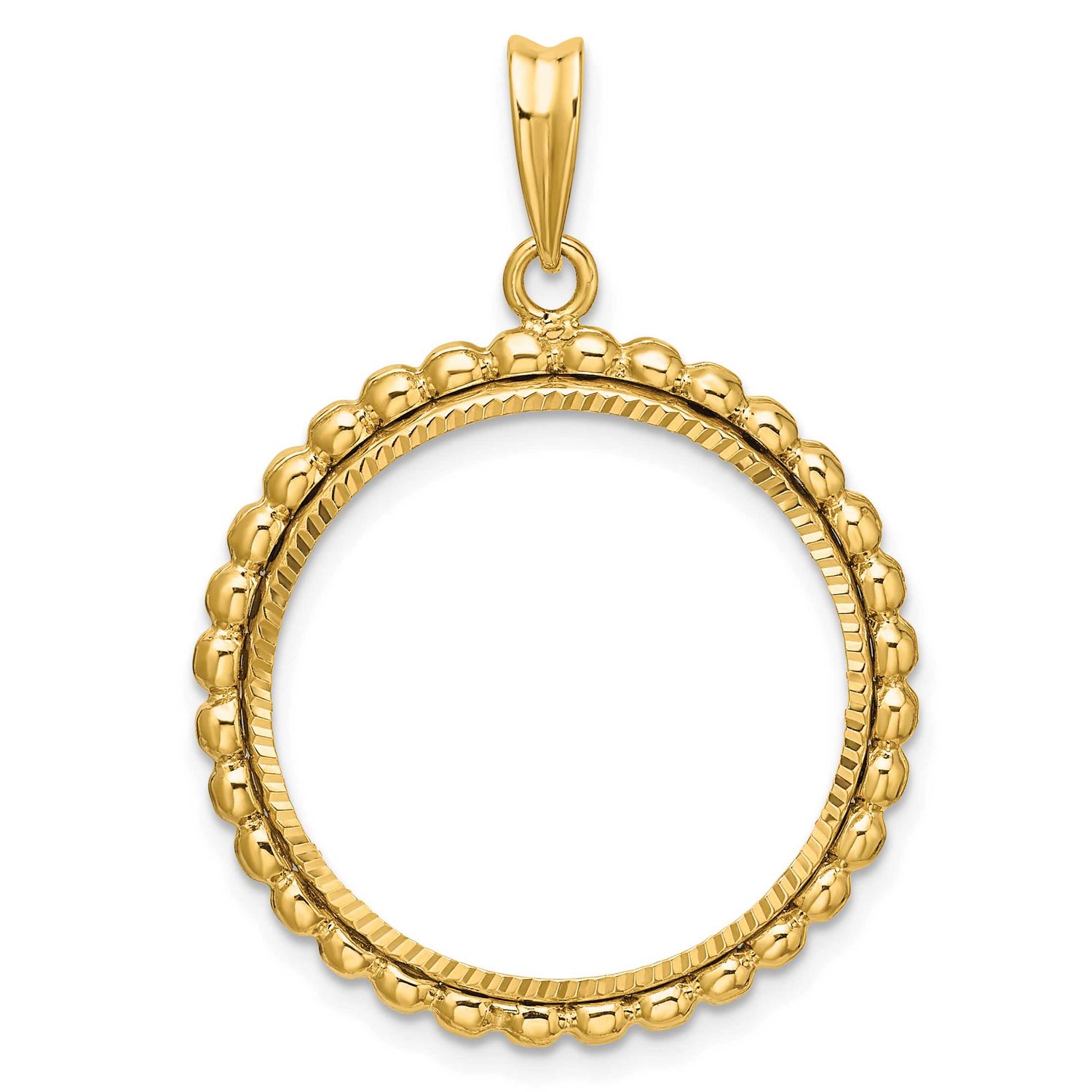 Diamond-Cut with Beaded Edge 22.0mm Prong Coin Bezel Pendant 14k Gold Polished C1011D/22.0