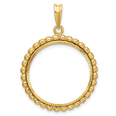 Diamond-Cut with Beaded Edge 22.0mm Prong Coin Bezel Pendant 14k Gold Polished C1011D/22.0