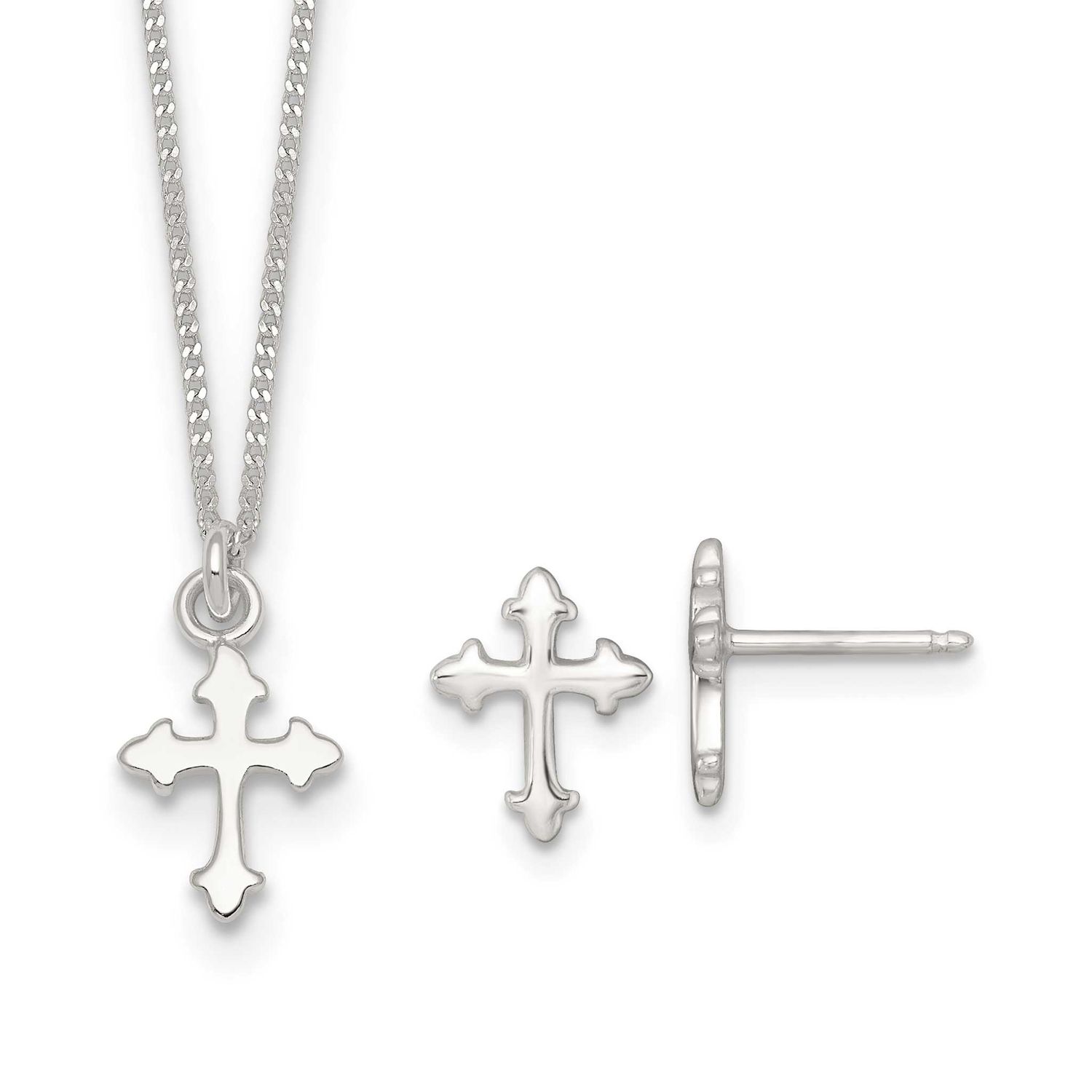 Cross Children&#39;s Earring/Necklace Set Sterling Silver Polished QST293SET