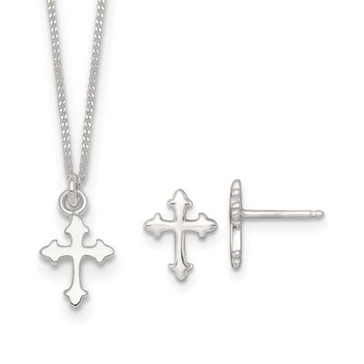 Cross Children&#39;s Earring/Necklace Set Sterling Silver Polished QST293SET